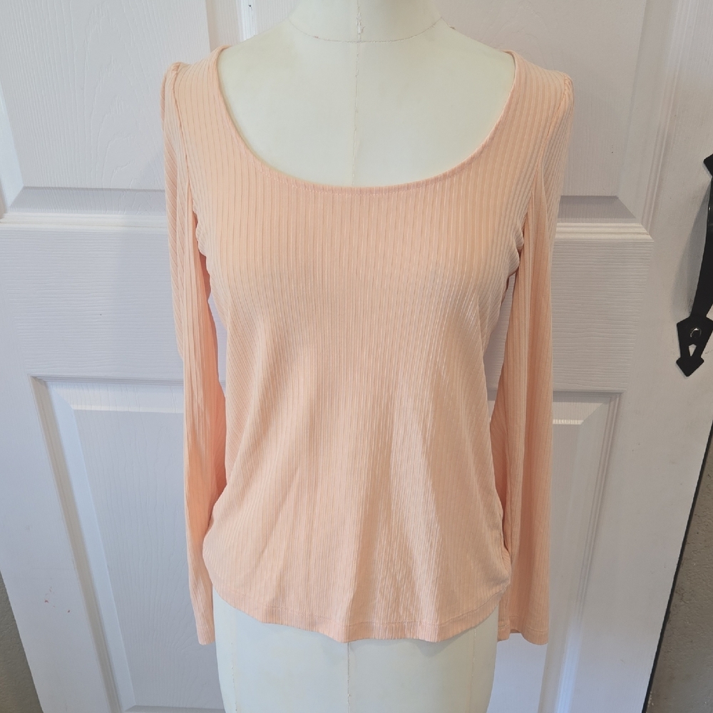 Anthropologie Peach Ribbed Long Sleeve Scoop Neck Puff Shoulder Top Small